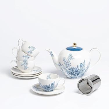 Imagem de Conjunto de chá para mulheres, conjunto de chá de porcelana azul, conjunto grande de bule de chá de 1050 ml com infusor, xícaras de chá e pires para estilo europeu de 10 cm, conjuntos de presente de