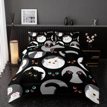 Imagem de Nttopship Jogo de cama Queen, com desenho de gato, floral, preto, 3 peças, para decoração de quarto de adolescentes, meninos e meninas, adultos, conjunto de cama com estampa de animais e 2 fronhas