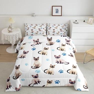 Imagem de Feelyou Jogo de cama solteiro fofo de gatos siameses, animal de estimação, gato, estampa de pata, para decoração de quarto de crianças, meninos, meninas, conjunto de edredom macio para todas as
