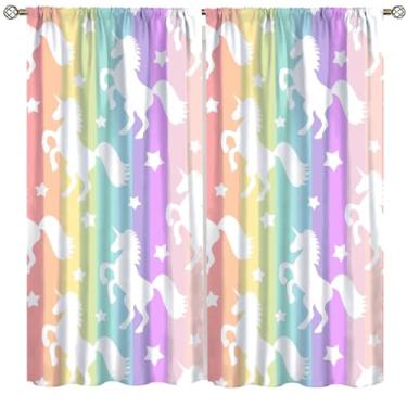 Imagem de Cortinas coloridas de unicórnio, arco-íris, estrela, arco-íris, para meninas, crianças, berçário, quarto, sala de estar, 106 cm L x 114 cm C