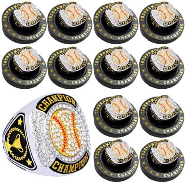 Imagem de daijbling Anel de campeonato de beisebol, 12 peças, anel de softball, bola esportiva, troféu, presente com corrente de pescoço e suporte para vencedor do torneio ou campeão da liga (12 peças de anéis