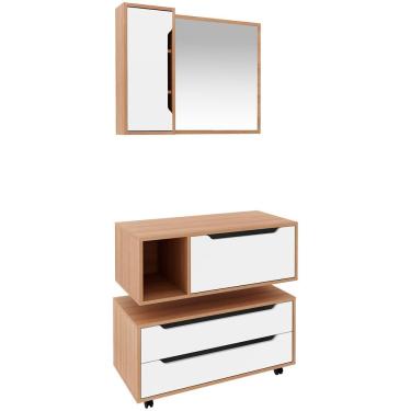Imagem de Kit Gabinete Balcão E Espelheira De Banheiro 80 Cm Karina Amêndoa-branco