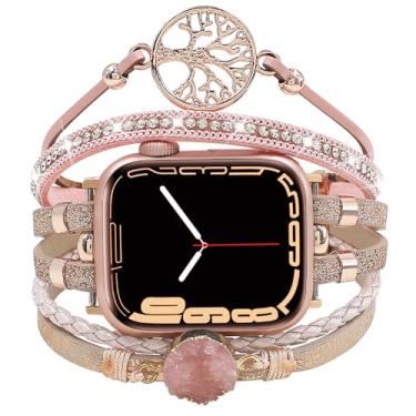 Imagem de Pulseira de couro Boho compatível com Apple Watch séries 10, 9, 8, 7, 6, 5, 4, 3, 2 e 1 de 40 mm, 41 mm, 41 mm, 48 mm, 42 mm, rosa, 41/40/38/42 mm (série 10))