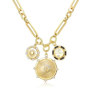 Imagem de FANZE Colar de ouro grosso para mulheres, coração, amor, lua, sol, letra, borboleta, moeda, pingente, colares delicados, gargantilha hip hop, corrente de clipe de papel, joia de formatura para dia dos