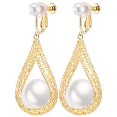 Imagem de Brincos de 14 mm com pingente de pérola grande, formal, não perfurado, para mulheres, bijuterias, 53.2mm, Ouro amarelo, Pérola