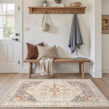 Imagem de Tortania Tapete de área para sala de estar – Tapete lavável vintage oriental envelhecido casa de fazenda pequeno fino para sala de estar quarto embaixo da mesa de jantar escritório em casa - laranja