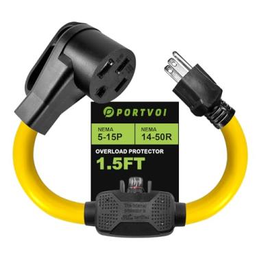 Imagem de Portvoi Protetor de sobrecarga 15 Amp para 50 Amp RV adaptador com disjuntor, NEMA 5-15P para NEMA 14-50R cabo adaptador de alimentação, 1,5 pés, listado ETL