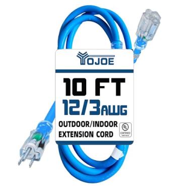 Imagem de YOJOE - Cabo de extensão para interiores e exteriores com extremidade iluminada, cabo de alimentação resistente às intempéries, calibre 12, cabo de extensão azul de 10 pés para garagem, jardim e