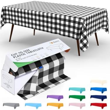 Imagem de Smiry Rolo de mesa descartável de 137 cm x 300 metros, toalha de mesa de plástico preto e branco em caixa cortada no tamanho com cortador deslizante, toalhas de mesa retangulares impermeáveis para