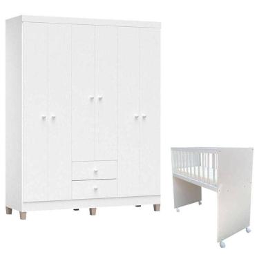 Imagem de Mini Berço Moisés Alegria Com Colchão E Guarda Roupa Ternura Baby 6 Portas Branco Brilho - Incorplac