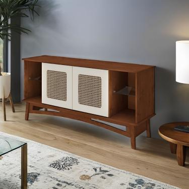 Imagem de Rack Para Tv De Madeira 2 Portas Em Rattan E 2 Prateleiras De Vidro - Imbuia Glazer Com Portas Nude Laca