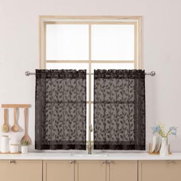 Imagem de Chyhomenyc Cortinas transparentes de chocolate de 76 cm de comprimento, cortina de cozinha de janela pequena com filtro de luz tufada texturizada sobre a pia, cortinas curtas de meia janela para porão