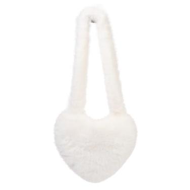 Imagem de LA CARRIE Bolsa tiracolo feminina de pele sintética em forma de coração, bolsas fofas, bolsas peludas Y2k, Branco, One Size