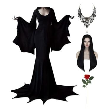 Imagem de Halloween Morticia Addams Costumes Vintage Gothic Black Long Dress Outfit Women Wig Red Roses Flowers Necklace