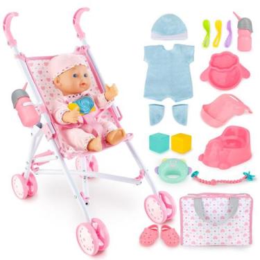 Imagem de Conjunto de carrinho de bebê DeAO com boneca de 33 cm e 18 acessórios