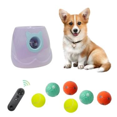 Imagem de ptlsy Lançador automático de bolas para cães interativo, máquina de lançar bolas para animais de estimação para cães pequenos e médios, 3 bolas incluídas (5 cm) (roxo, controle remoto)