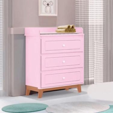 Imagem de Cômoda Infantil Trocador Natan em MDF com 3 Gavetas Tuboarte, Rosa