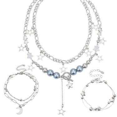 Imagem de SUNNYCLUE Conjunto de 2 conjuntos de colares de estrela, lua, corrente e pulseiras, pulseiras de vários fios, colar em camadas de estrela, lua, moderno, gargantilha ajustável, prata, fofo, kawaii