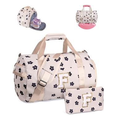 Imagem de Vogewood Presente para crianças de 3, 4, 5, 6, 7, 8, 9, 10, 11 e 12 anos, bolsa de ginástica, bolsa de viagem inicial com bolsa de maquiagem, Flor bege, F