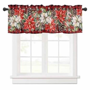Imagem de Cortina de sanefa de poinsétia de Natal para janelas de cozinha, cortina de pinha floral vermelha branca para janela tratada vermelha e preta xadrez com bolso para varão, sanefas para quarto/sala de