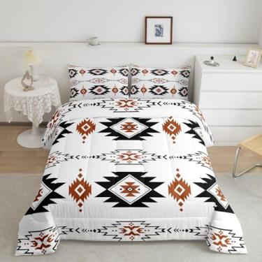 Imagem de jejeloiu Conjunto de cama preto e branco asteca ocidental, macio, para meninos e meninas, étnico do sudoeste, geométrico, tamanho king, edredom boêmio, microfibra para decoração de quarto, 3 peças com