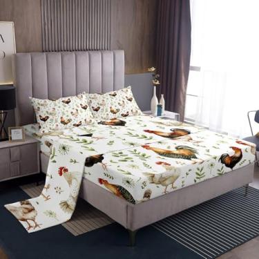 Imagem de jejeloiu Lindo jogo de lençol casal de galo rural infantil com estampa de folhas de animais de fazenda, com bolso profundo, respirável, macio, leve, de microfibra, capa de colchão