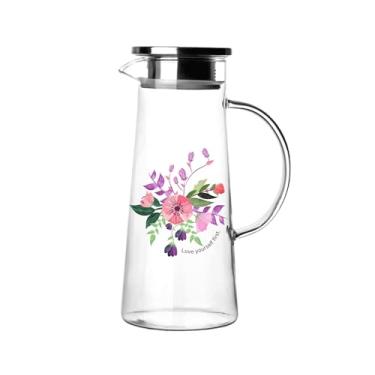 Imagem de 1 Jarra Vidro 1.3L Com Tampa Inox Item Personalizado C/Frases e Flores Impressão de Qualidade Não Desbota Ideal P/Mesa Posta Criativa (LOVE)