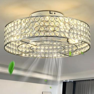 Imagem de HUEOCZW Ventiladores de teto modernos de perfil baixo com luzes e controle remoto, ventilador de teto com suporte embutido de cristal sem lâmina de 50 cm para quarto, cozinha, sala de estar