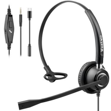 Imagem de Weatwo Fone de ouvido com fio, fone de ouvido para computador de 3,5 mm/USB-C com microfone com cancelamento de ruído para PC, laptop, celular, Mac, iPhone, Samsung, equipes de zoom, call center