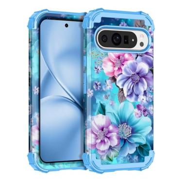 Imagem de LONTECT Capa para Google Pixel 10/10 Pro, capa protetora 3 em 1 resistente à prova de choque floral resistente 3 em 1, azul celeste