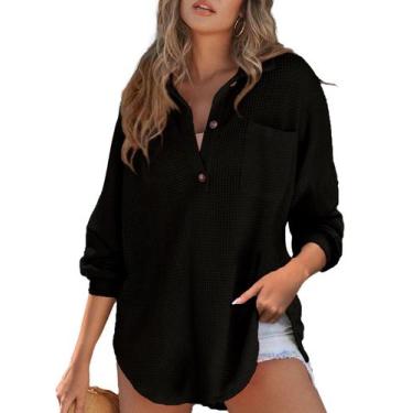 Imagem de Camisa feminina Astylish Waffle com decote em V, manga comprida, preta