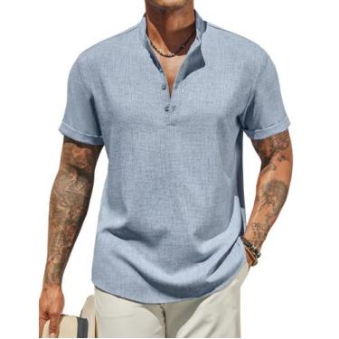 Imagem de Camisa masculina COOFANDY com gola com faixas Henley, manga curta, azu
