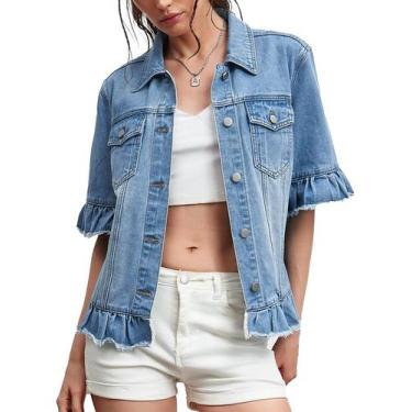 Imagem de Jaqueta jeans Kedera feminina de manga curta, jeans azul de verão