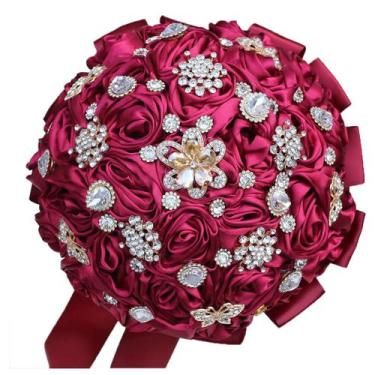 Imagem de Buquê de casamento Mhojpik 9.8 Flor de rosa artificial vermelha escura
