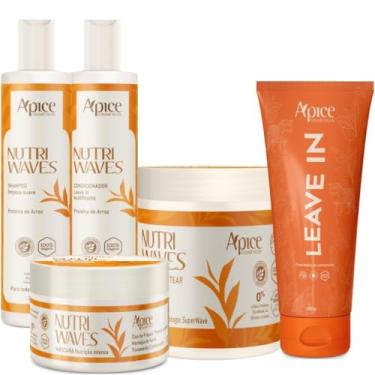 Imagem de Kit Apice Nutri Waves, Shampoo, Condicionador, Máscara 300ml, Leave-in 300g, Creme de Pentear 500g, Vegano, para Cabelos Cacheados e Crespos