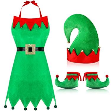 Imagem de 3 kits de fantasia de elfo de Natal, incluindo avental de elfo, avental de tecido, chapéu de elfo de Papai Noel e sapatos de elfo para o Natal, Avental verde, colarinho vermelho, M