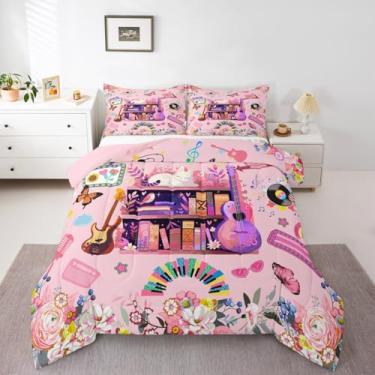 Imagem de Conjunto de cama de guitarra infantil, tamanho casal, rock, gato, floral, para decoração de quarto de meninos, meninas, adolescentes, conjunto de edredom musical, instrumentos de guitarra rosa