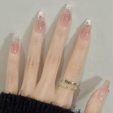 Imagem de Gifiky 24 peças de unhas postiças francesas fofas – unhas postiças de caixão longo com design de glitter de galáxia de acrílico, unhas postiças nude gradiente para mulheres, cola reutilizável nas