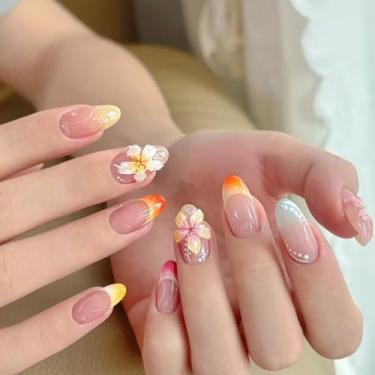 Imagem de Unhas postiças de amêndoa curtas unhas falsas fofas unhas artificiais francesas com desenhos de flores rosa unhas de praia vermelhas cola com glitter nas unhas florais para mulheres, 24 peças