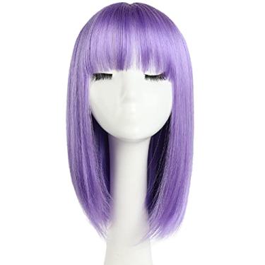 Imagem de HSPJHTM Perucas Bob Roxas, Perucas de Cabelo Curto Bob 35,5 cm Liso com Franja Lisa Sintética Colorida Cosplay Peruca de Festa Diária para Mulheres Natural (Touca de Peruca Grátis)