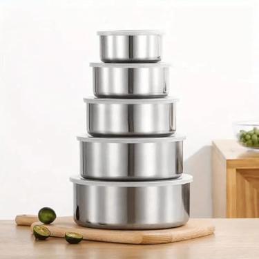 Imagem de Conjunto de Tigelas de Inox com Tampa – 5 Peças – Potes para Cozinha, Saladas, Massas e Armazenamento – Duráveis, Práticos e Modernos