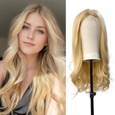 Imagem de Qingchuang Peruca loira longa ondulada para mulheres, 61 cm, loira, ondulada, parte do meio, loira, resistente ao calor, cabelo sintético com aparência de fibra natural, para Natal, cosplay, Halloween