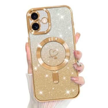 Imagem de Bonoma Compatível com capa de telefone 2025 suporte para MagSafe, capa magnética com glitter coração chapeado TPU capa traseira de proteção de câmera para capa de telefone - ouro