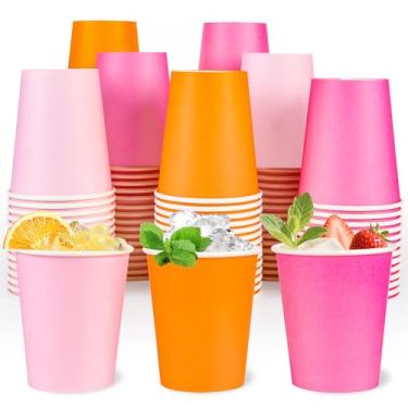 Imagem de Houuqe 120 peças de copos de papel rosa claro rosa choque e laranja - 255 g descartáveis de papel colorido conjunto de utensílios de bebida para casamento, outono, festa de aniversário, pôr do sol
