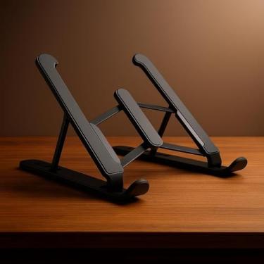 Imagem de Suporte Ajustável de Alumínio Preto para Notebook, Tablet e Celular – 6 Alturas, Ergonômico, Dobrável, Ventilado, Premium