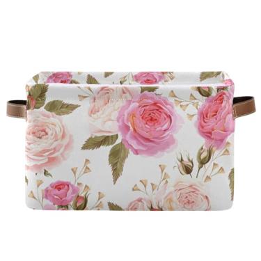 Imagem de susiyo Cesto de armazenamento grande dobrável com rosas florais, cestas decorativas dobráveis com alças de poliuretano para prateleiras, armário de casa, quarto, sala de estar - 1 pacote