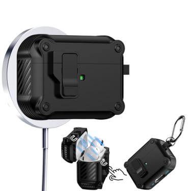 Imagem de Ysnzaq Capa para Apple AirPods 4, trava automática magnética, suporta carregamento sem fio, capa de fone de ouvido resistente com chaveiro para AirPods 4 JJK preta