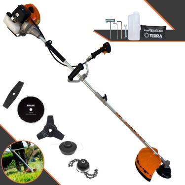 Imagem de Roçadeira Cortador de Grama Profissional Terra GRHB-430 Bipartida À Gasolina 2 Tempos 1,7HP 43cc 12.000rpm + Faca 3 Pontas, Faca 80 Dentes e Trimmer