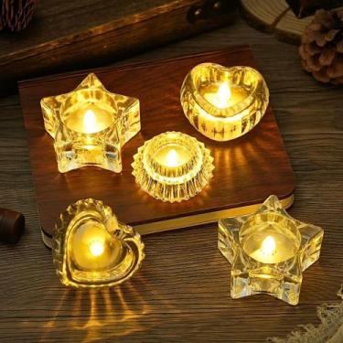 Imagem de Luminária Vela de Acrílico Luz Led Eletrônica Estrela Coração Redonda 