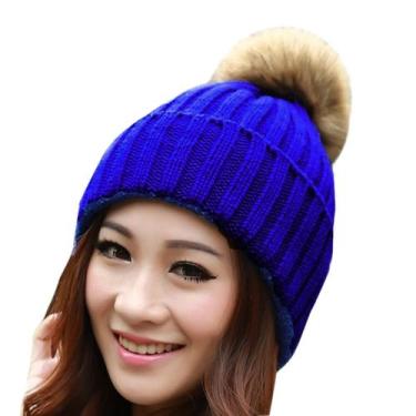 Imagem de Chapéu feminino de inverno quente tricotado bonito coelho f-ur bola fi